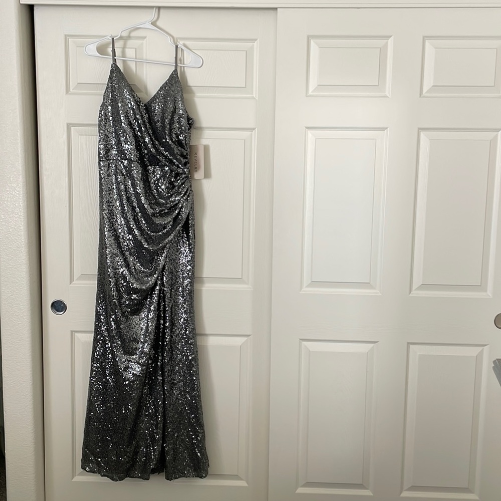 Gorgeous charcoal Revelry sequin dress ruched at the waist. Only used once!
